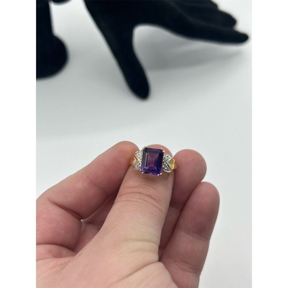 Vintage 10K Yellow Gold Amethyst & Diamond Cocktail Ring Size 7 - Picture 3 of 5